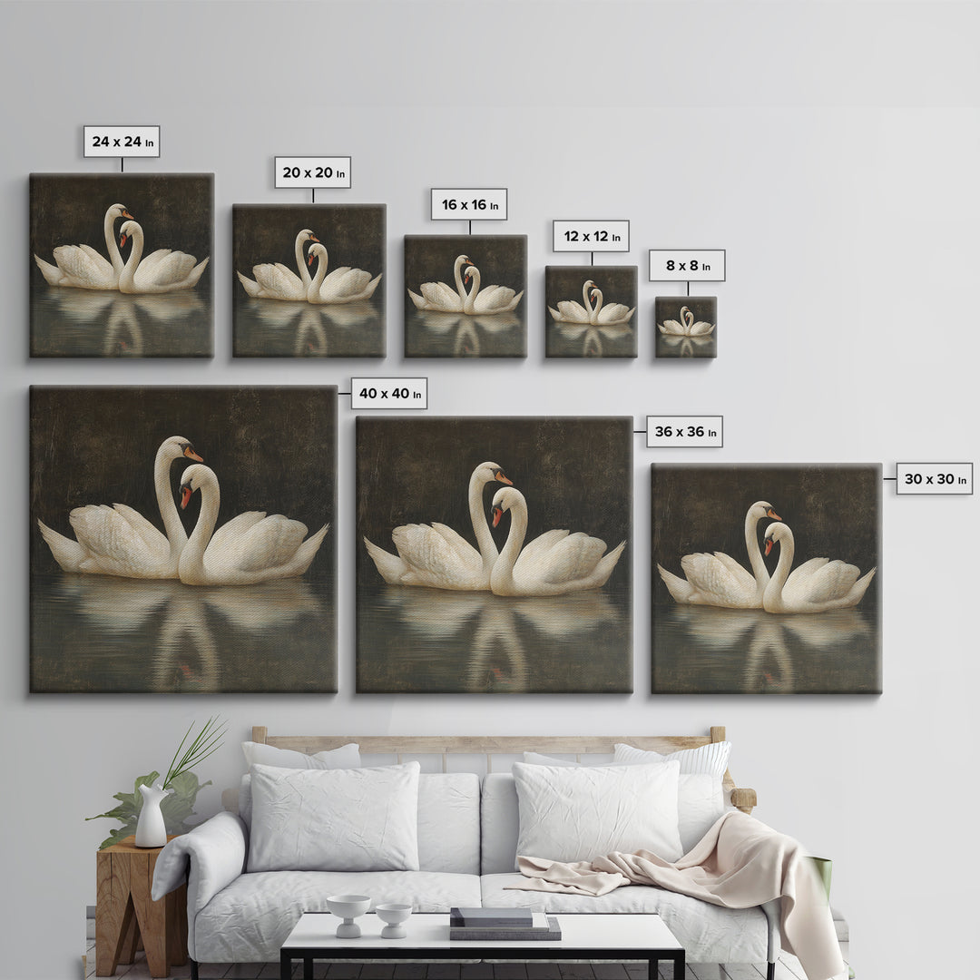 Romantic Swan Pair on Dark Water Canvas Print, Master Bedroom, Farmhouse Wall Decor, Bedroom Decor, Oil Painting, Sanctuary, MAS-1x1-15