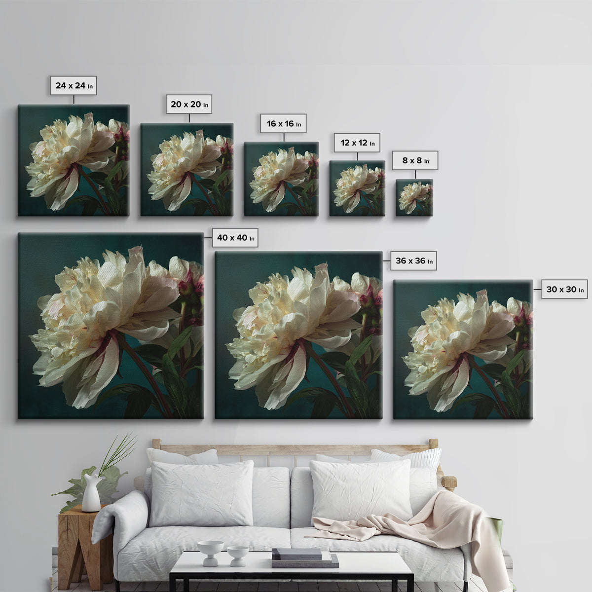 Romantic Neutral Peony Closeup Canvas Print, Master Bedroom, Vinyl Wall Decal, Bedroom Decor, Fine Art, Sanctuary, MAS-1x1-26