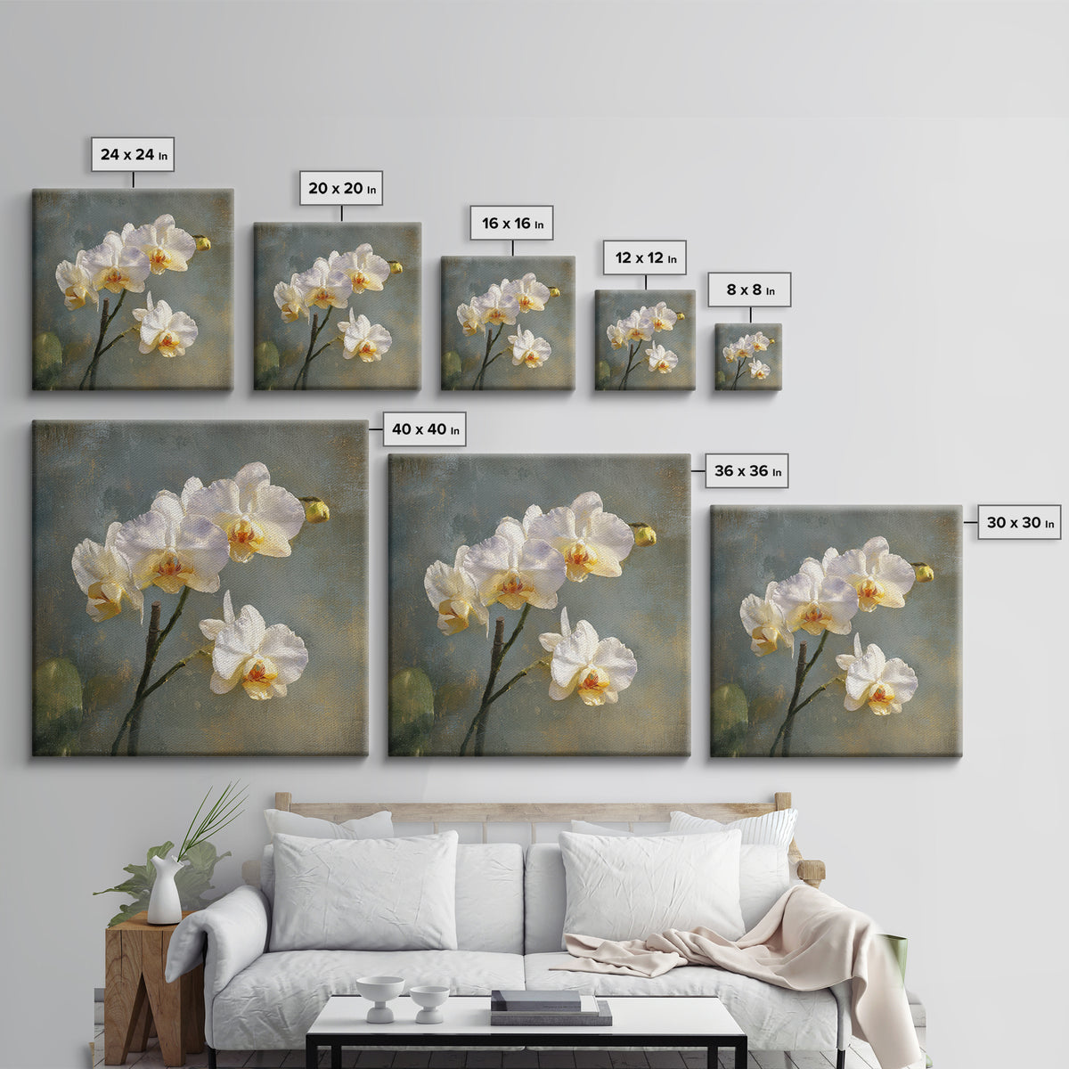 White Orchids Against Warm Gray Background Framed Canvas Print, Master Bedroom, Bedroom Decor, Abstract Art, Sanctuary, MAS-1x1-33