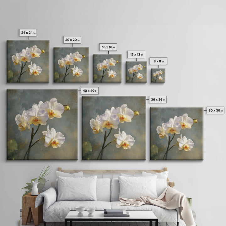 White Orchids Against Warm Gray Background Framed Canvas Print, Master Bedroom, Bedroom Decor, Abstract Art, Sanctuary, MAS-1x1-33