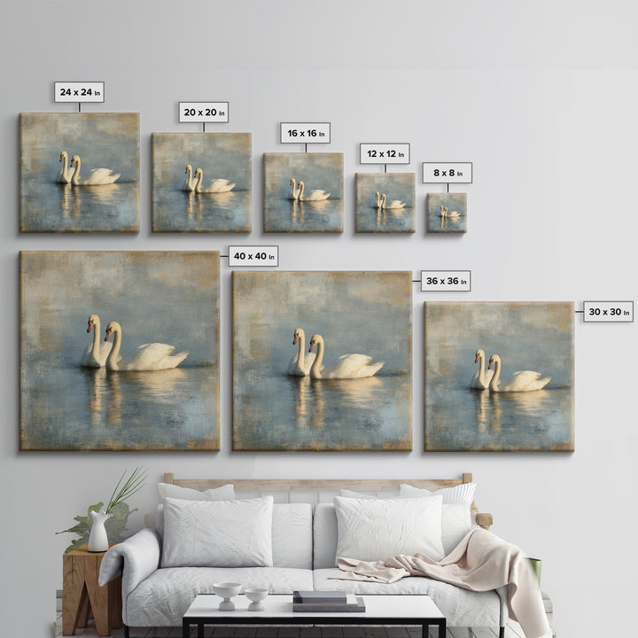 Romantic Swan Pair on Dark Water Framed Canvas Print, Master Bedroom, Living Room Prints, Bedroom Decor, Fine Art, Sanctuary, MAS-1x1-39