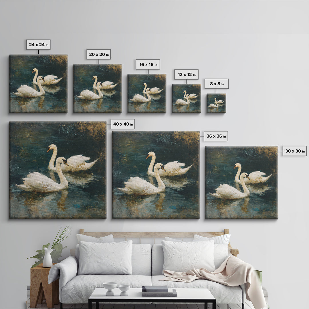 Romantic Swan Pair on Dark Water Framed Canvas Print, Master Bedroom, Neutral Decor, Bedroom Decor, Fine Art, Sanctuary, MAS-1x1-63