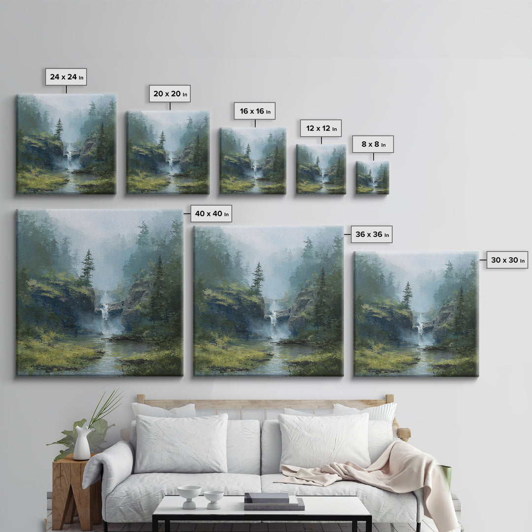 Peaceful Waterfall in Misty Green Forest Framed Canvas Print, Master Bedroom, Modern Decor, Bedroom Decor, Fine Art, Sanctuary, MAS-1x1-67