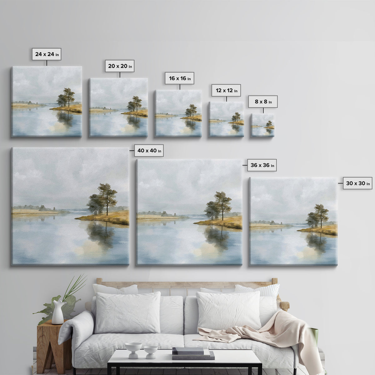 Serene Lake with Pale Morning Reflection Framed Canvas Print, Master Bedroom, Bedroom Wall Art, Bedroom Decor, Oil Painting, MAS-1x1-7