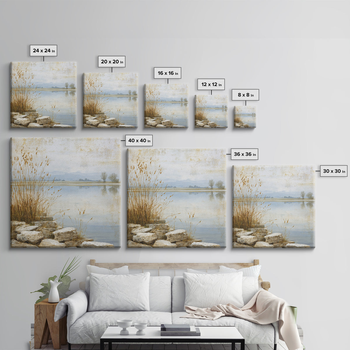 Serene Lake with Pale Morning Reflection Framed Canvas Print, Master Bedroom, Boho Decor, Bedroom Decor, Fine Art, Sanctuary, MAS-1x1-79