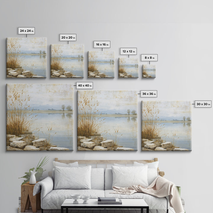 Serene Lake with Pale Morning Reflection Framed Canvas Print, Master Bedroom, Boho Decor, Bedroom Decor, Fine Art, Sanctuary, MAS-1x1-79