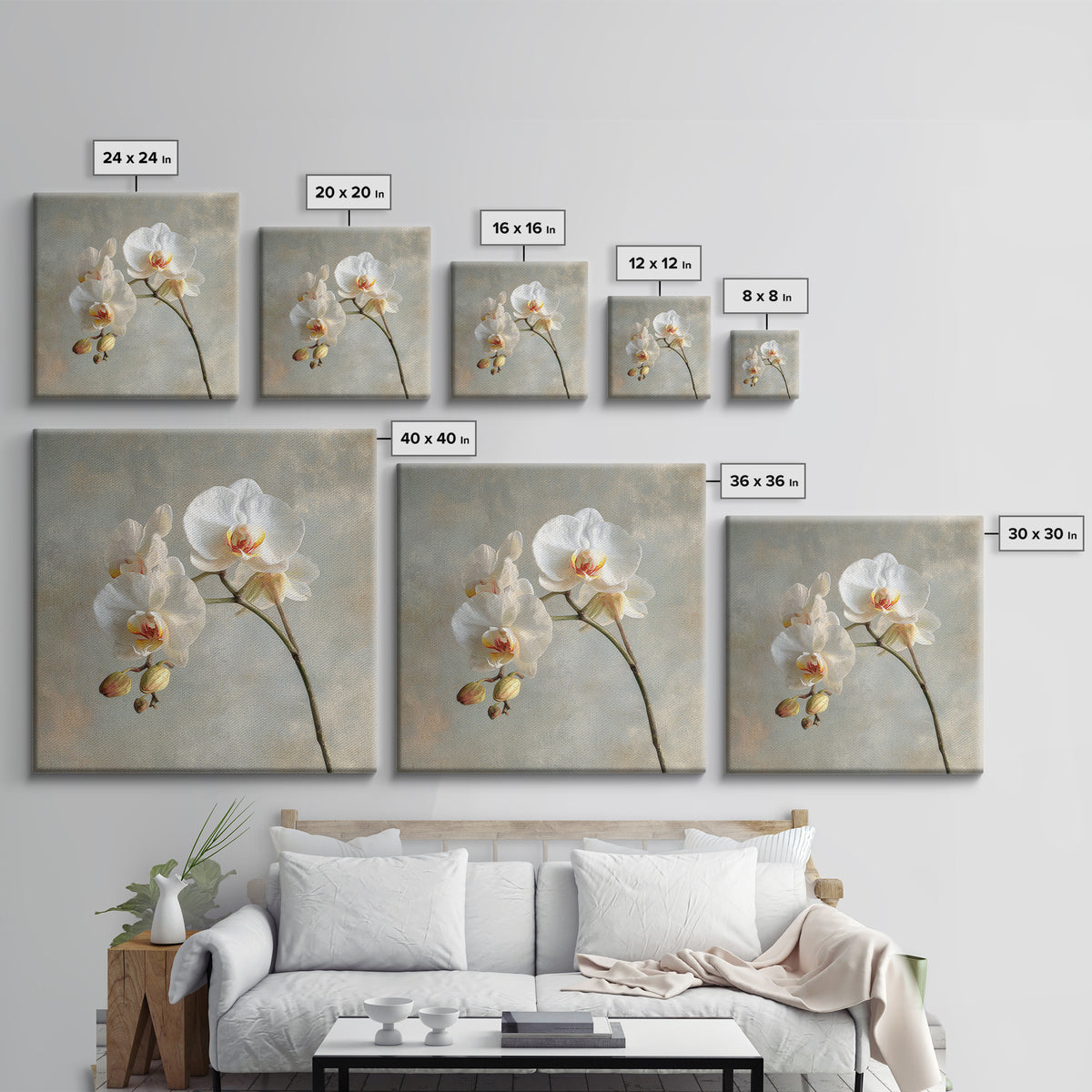 White Orchids Against Warm Gray Background Canvas Print, Master Bedroom, Art Print, Bedroom Decor, Fine Art, Sanctuary, MAS-1x1-81
