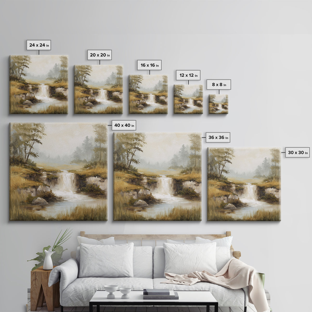 Peaceful Waterfall in Misty Green Forest Canvas Print, Master Bedroom, Room Decor, Bedroom Decor, Fine Art, Sanctuary, MAS-1x1-91