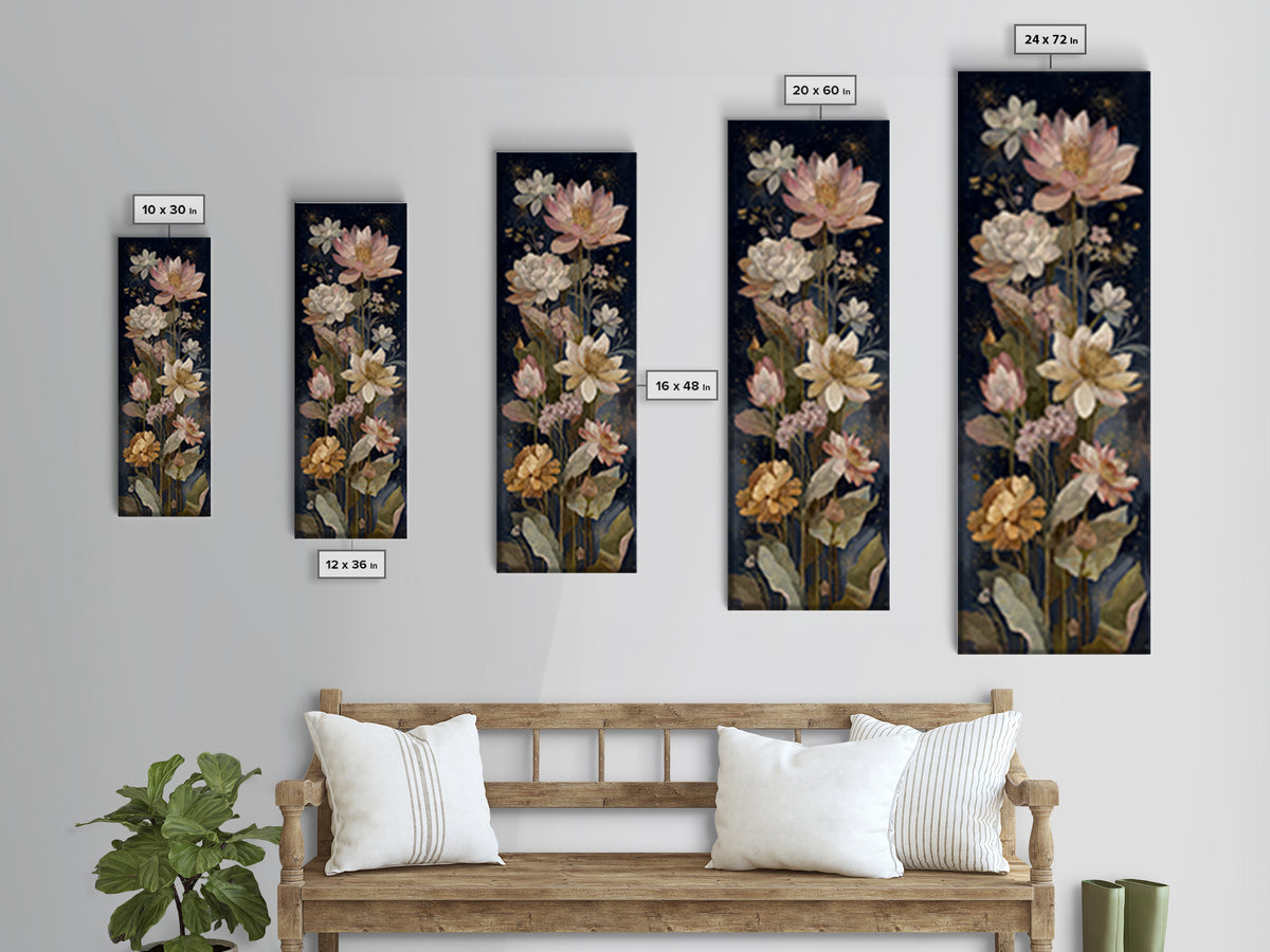 Night Garden with Pale Flowers and Stars Canvas Print, Master Bedroom, Minimalist Wall Art, Bedroom Decor, Fine Art, Sanctuary, MAS-1x3-11