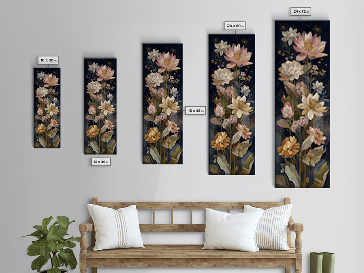 Night Garden with Pale Flowers and Stars Canvas Print, Master Bedroom, Minimalist Wall Art, Bedroom Decor, Fine Art, Sanctuary, MAS-1x3-11