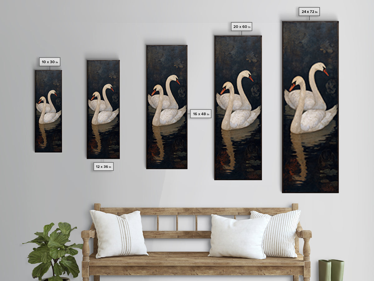 Romantic Swan Pair on Dark Water Framed Canvas Print, Master Bedroom, Wall Decal, Bedroom Decor, Watercolor Art, Sanctuary, MAS-1x3-3