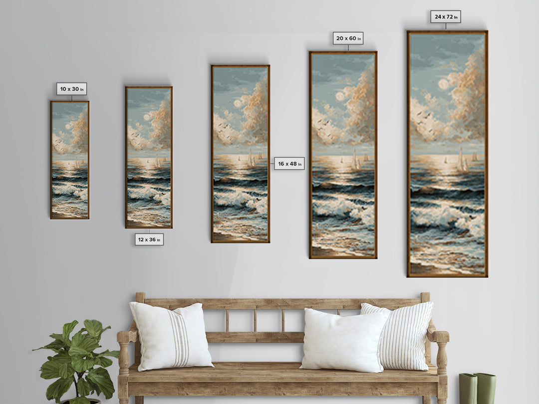 Elegant Moonlit Ocean Horizon Canvas Print, Master Bedroom, Minimalist Decor, Bedroom Decor, Oil Painting, Sanctuary, MAS-1x3-37