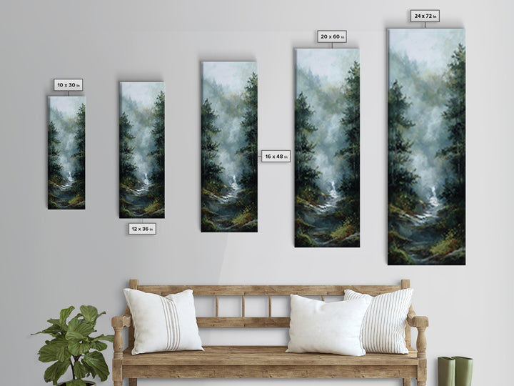 Peaceful Waterfall in Misty Green Forest Canvas Print, Master Bedroom, Wall Decor Bedroom, Bedroom Decor, Fine Art, Sanctuary, MAS-1x3-55