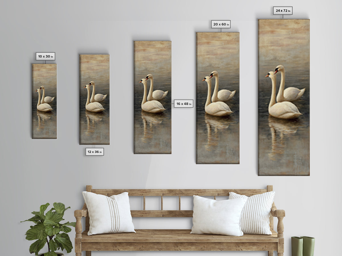 Romantic Swan Pair on Dark Water Framed Canvas Print, Master Bedroom, Neutral Decor, Bedroom Decor, Fine Art, Sanctuary, MAS-1x3-75