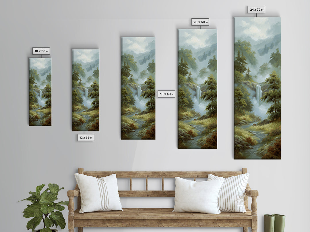 Peaceful Waterfall in Misty Green Forest Canvas Print, Master Bedroom, Above Bed Wall Decor, Bedroom Decor, Sanctuary, MAS-1x3-79