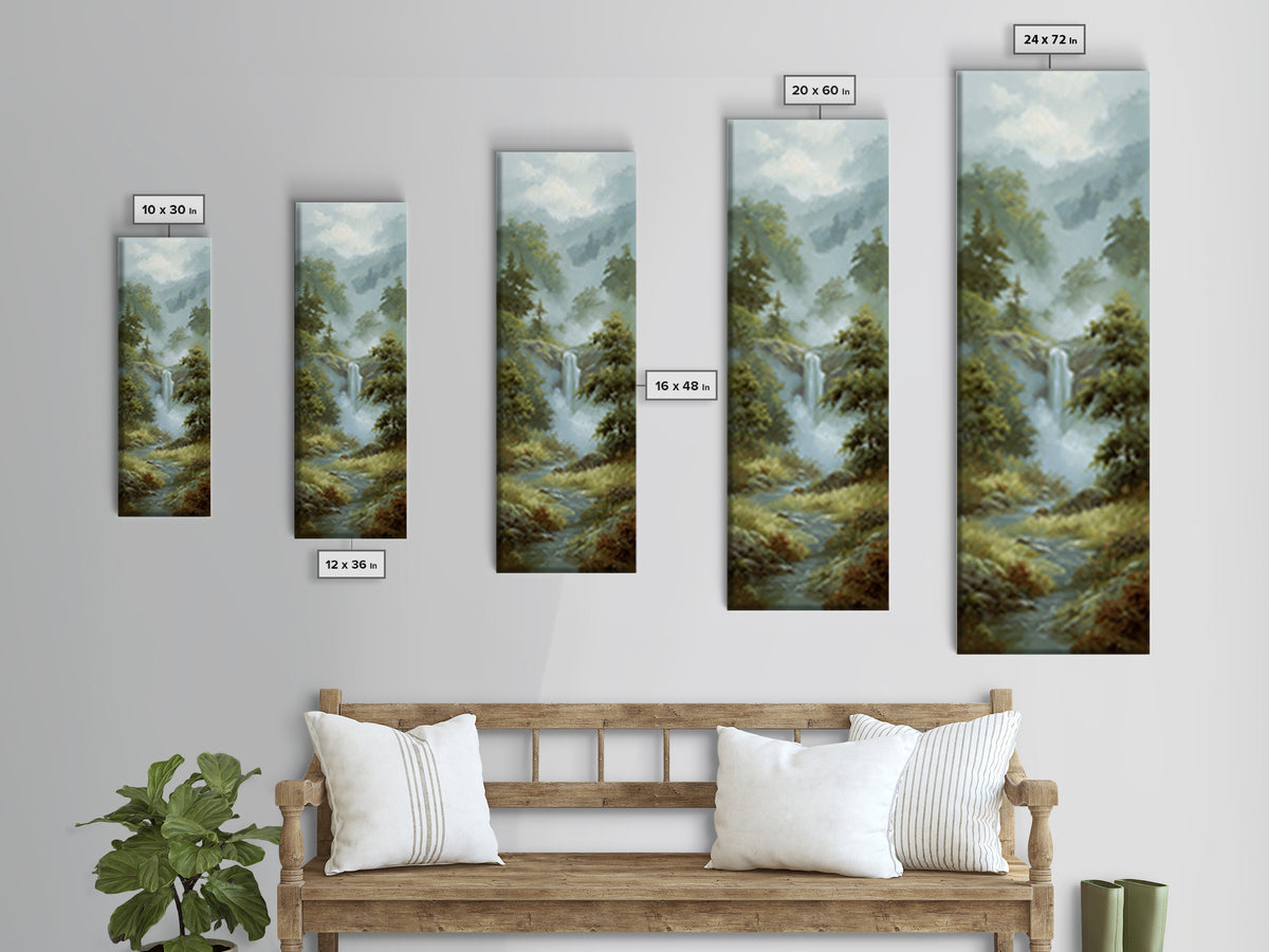 Peaceful Waterfall in Misty Green Forest Canvas Print, Master Bedroom, Above Bed Wall Decor, Bedroom Decor, Sanctuary, MAS-1x3-79