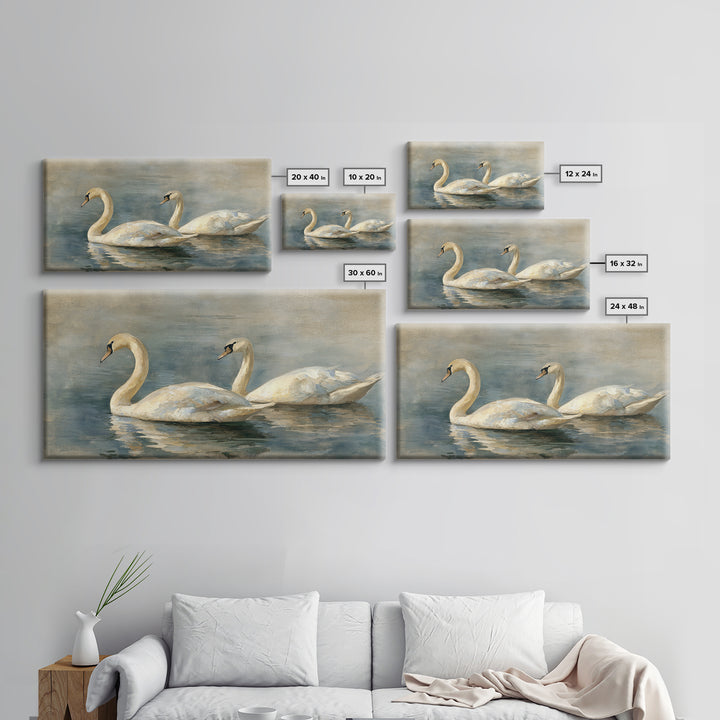 Romantic Swan Pair on Dark Water Framed Canvas Print, Master Bedroom, Living Room Prints, Bedroom Decor, Fine Art, Sanctuary, MAS-2x1-11