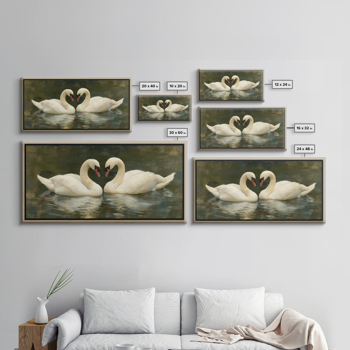 Romantic Swan Pair on Dark Water Framed Canvas Print, Master Bedroom, Wall Art, Bedroom Decor, Oil Painting, Sanctuary, MAS-2x1-35