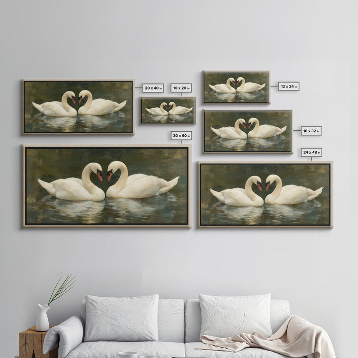 Romantic Swan Pair on Dark Water Framed Canvas Print, Master Bedroom, Wall Art, Bedroom Decor, Oil Painting, Sanctuary, MAS-2x1-35