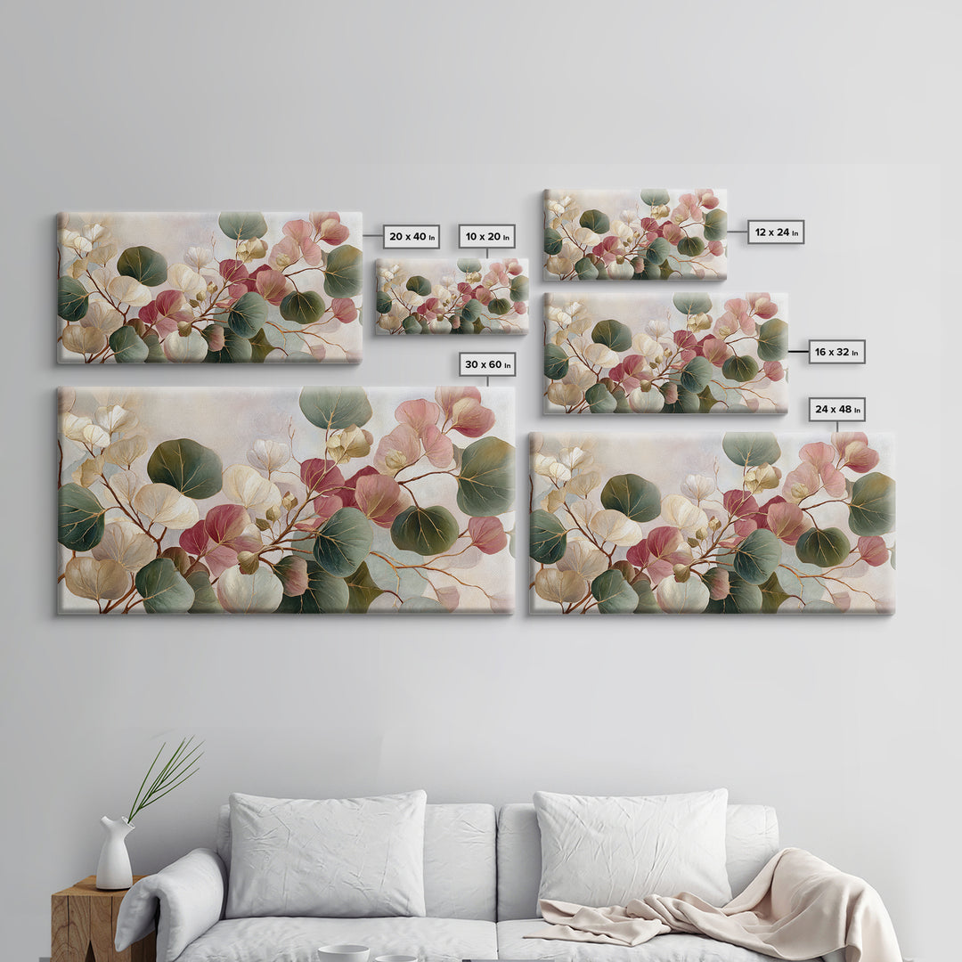Gentle Eucalyptus Watercolor Branches Framed Canvas Print, Master Bedroom, Large Wall Art, Bedroom Decor, Fine Art, Sanctuary, MAS-2x1-56