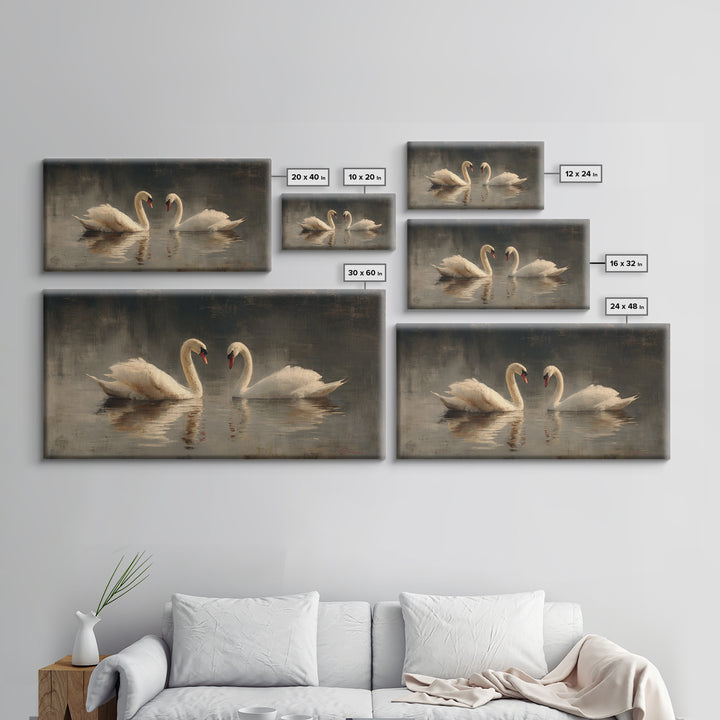 Romantic Swan Pair on Dark Water Framed Canvas Print, Master Bedroom, Bedroom, Bedroom Decor, Watercolor Art, Sanctuary, MAS-2x1-59