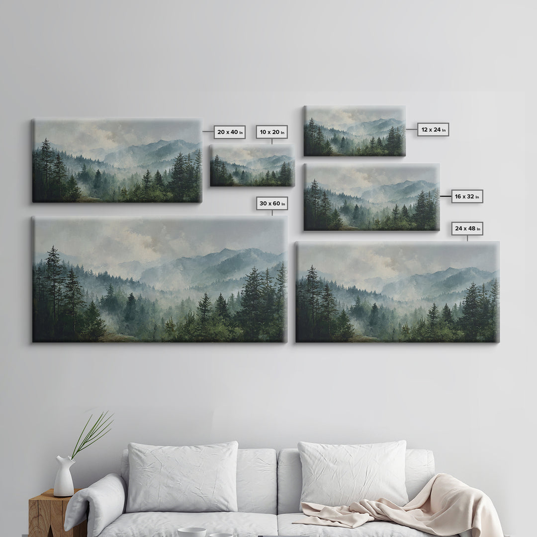 Calm Misty Forest Panorama Framed Canvas Print, Master Bedroom, Printable Art, Bedroom Decor, Sanctuary, Wall Art Bedroom, MAS-2x1-72