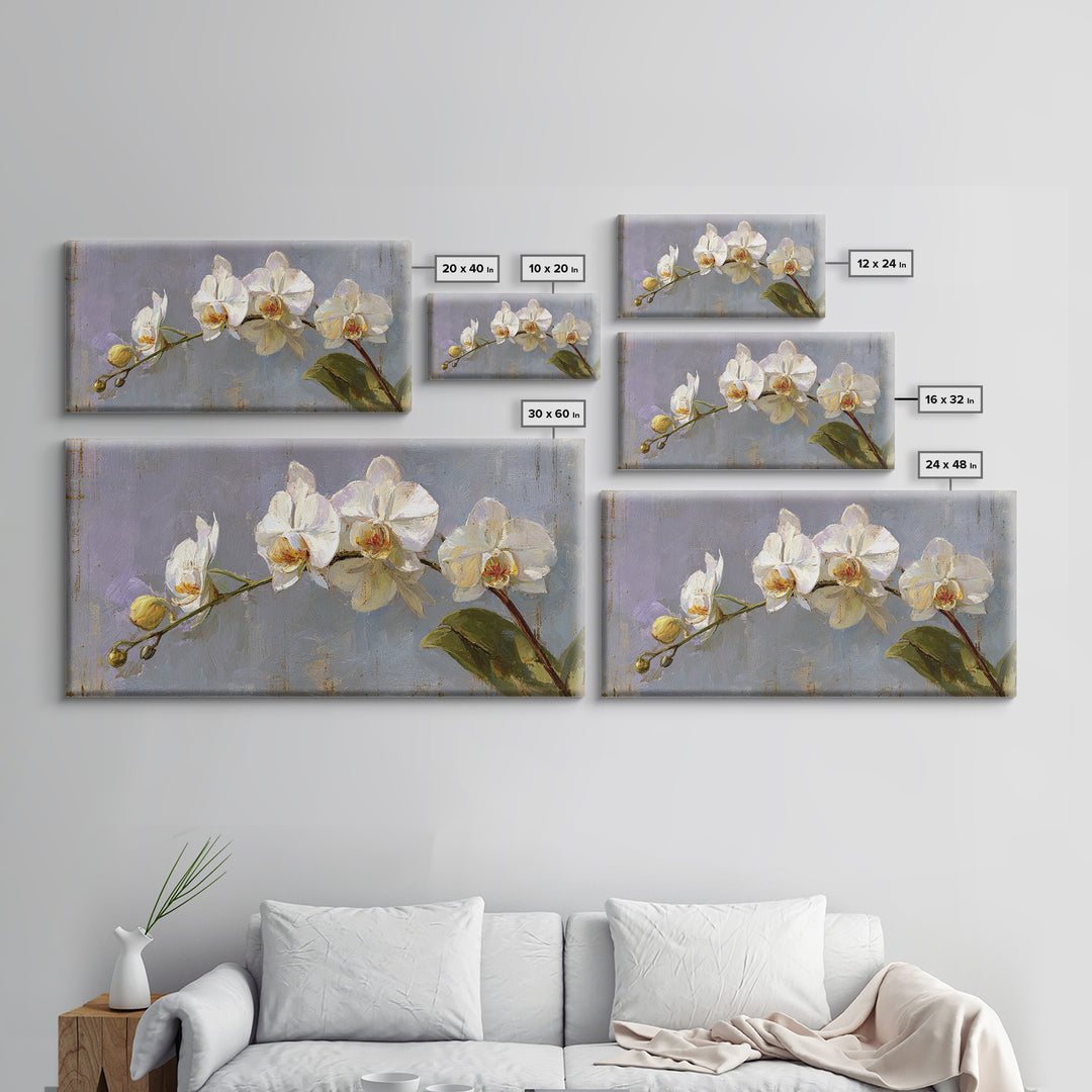 White Orchids Against Warm Gray Background Canvas Print, Master Bedroom, Farmhouse Wall Decor, Bedroom Decor, Oil Painting, MAS-2x1-77