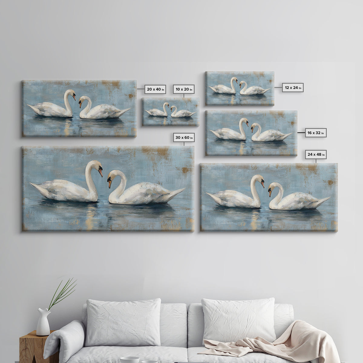 Romantic Swan Pair on Dark Water Framed Canvas Print, Master Bedroom, Art Print, Bedroom Decor, Sanctuary, Above Bed Decor, MAS-2x1-83