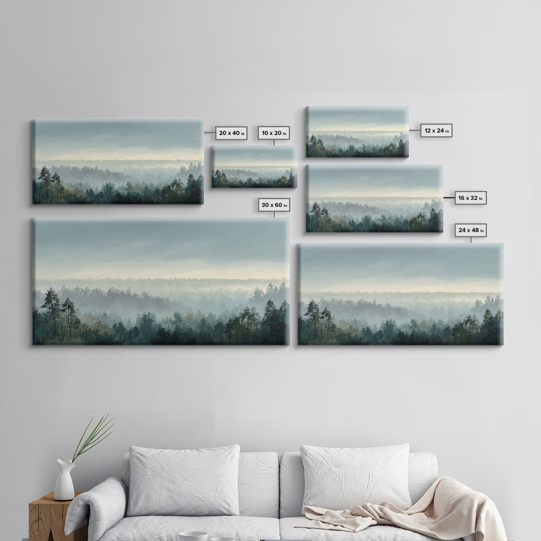 Calm Misty Forest Panorama Framed Canvas Print, Master Bedroom, Wall Decor Bedroom, Bedroom Decor, Fine Art, Sanctuary, MAS-2x1-96