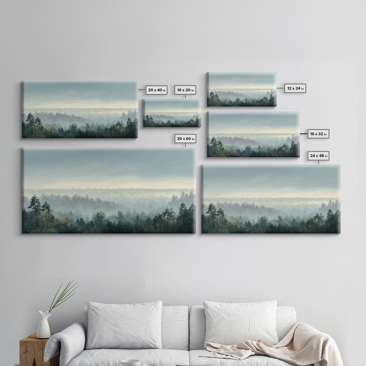 Calm Misty Forest Panorama Framed Canvas Print, Master Bedroom, Wall Decor Bedroom, Bedroom Decor, Fine Art, Sanctuary, MAS-2x1-96