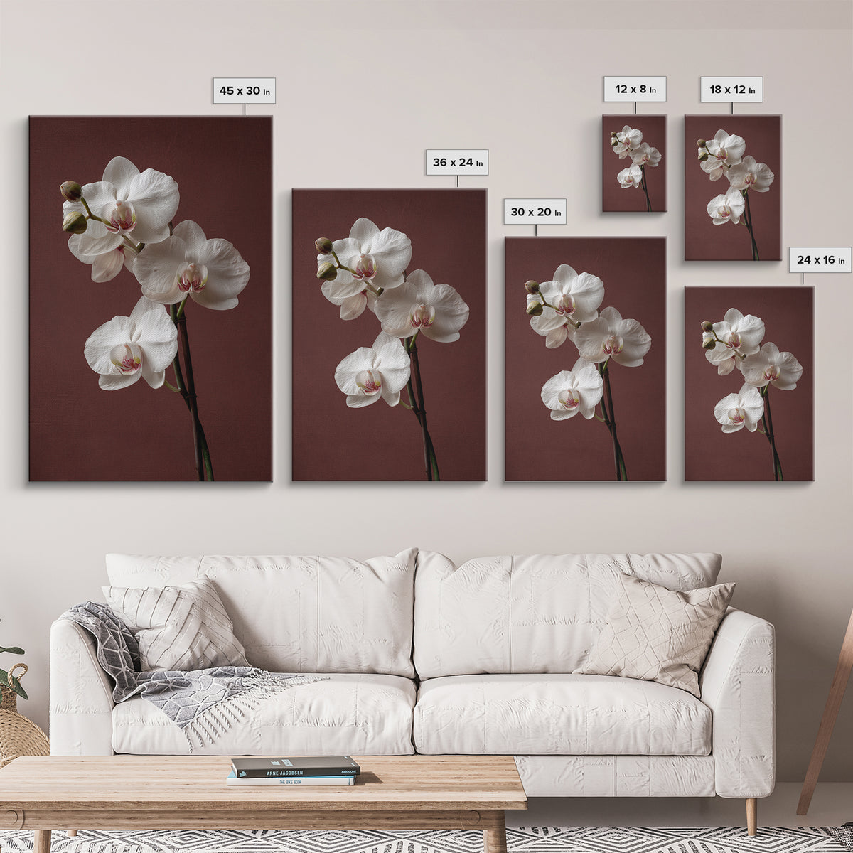 White Orchids Against Warm Gray Background Framed Canvas Print, Master Bedroom, Canvas Print, Bedroom Decor, Abstract Art, MAS-2x3-17
