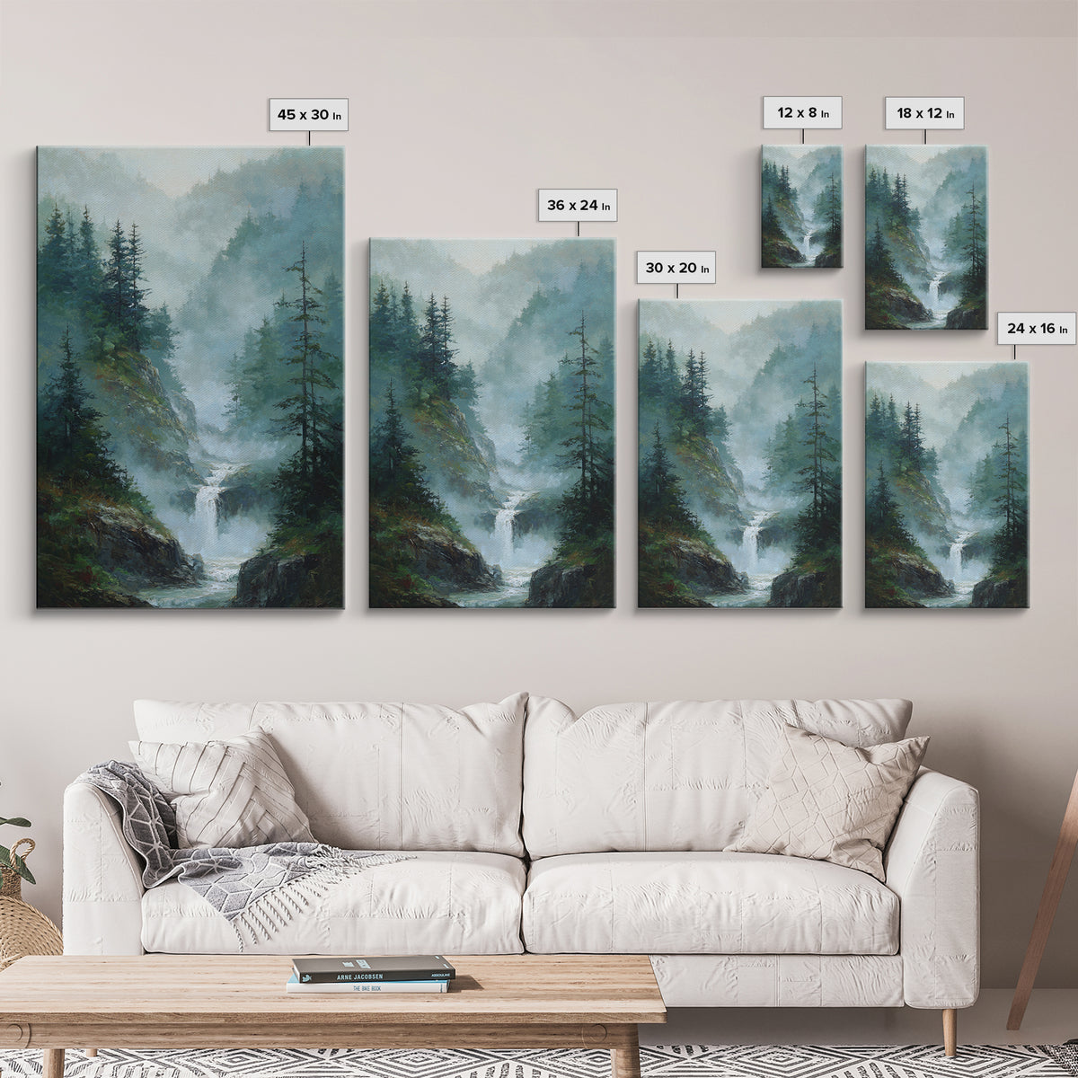 Peaceful Waterfall in Misty Green Forest Framed Canvas Print, Master Bedroom, Room Decor, Bedroom Decor, Fine Art, Sanctuary, MAS-2x3-3
