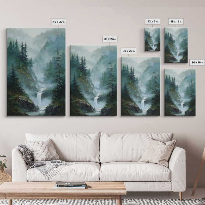 Peaceful Waterfall in Misty Green Forest Framed Canvas Print, Master Bedroom, Room Decor, Bedroom Decor, Fine Art, Sanctuary, MAS-2x3-3