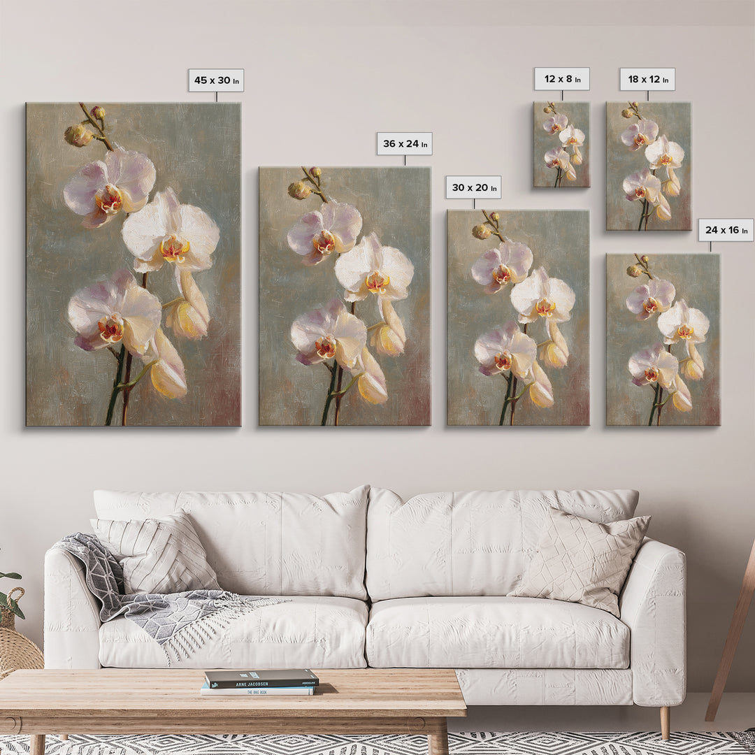 White Orchids Against Warm Gray Background Framed Canvas Print, Master Bedroom, Canvas Print, Bedroom Decor, Abstract Art, MAS-2x3-41