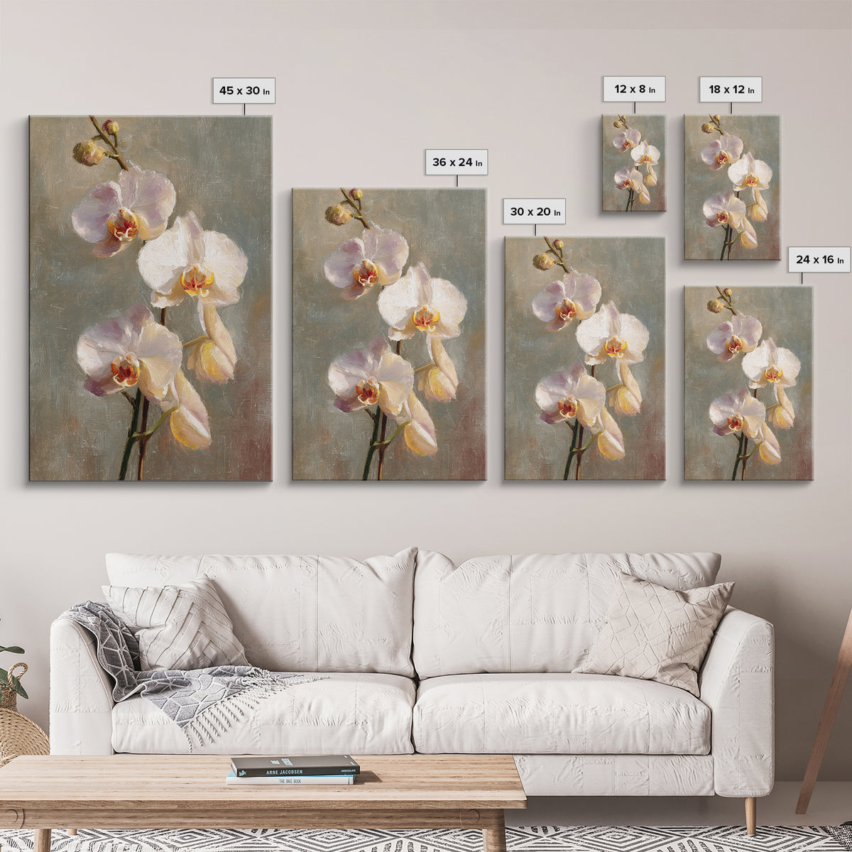 White Orchids Against Warm Gray Background Framed Canvas Print, Master Bedroom, Canvas Print, Bedroom Decor, Abstract Art, MAS-2x3-41