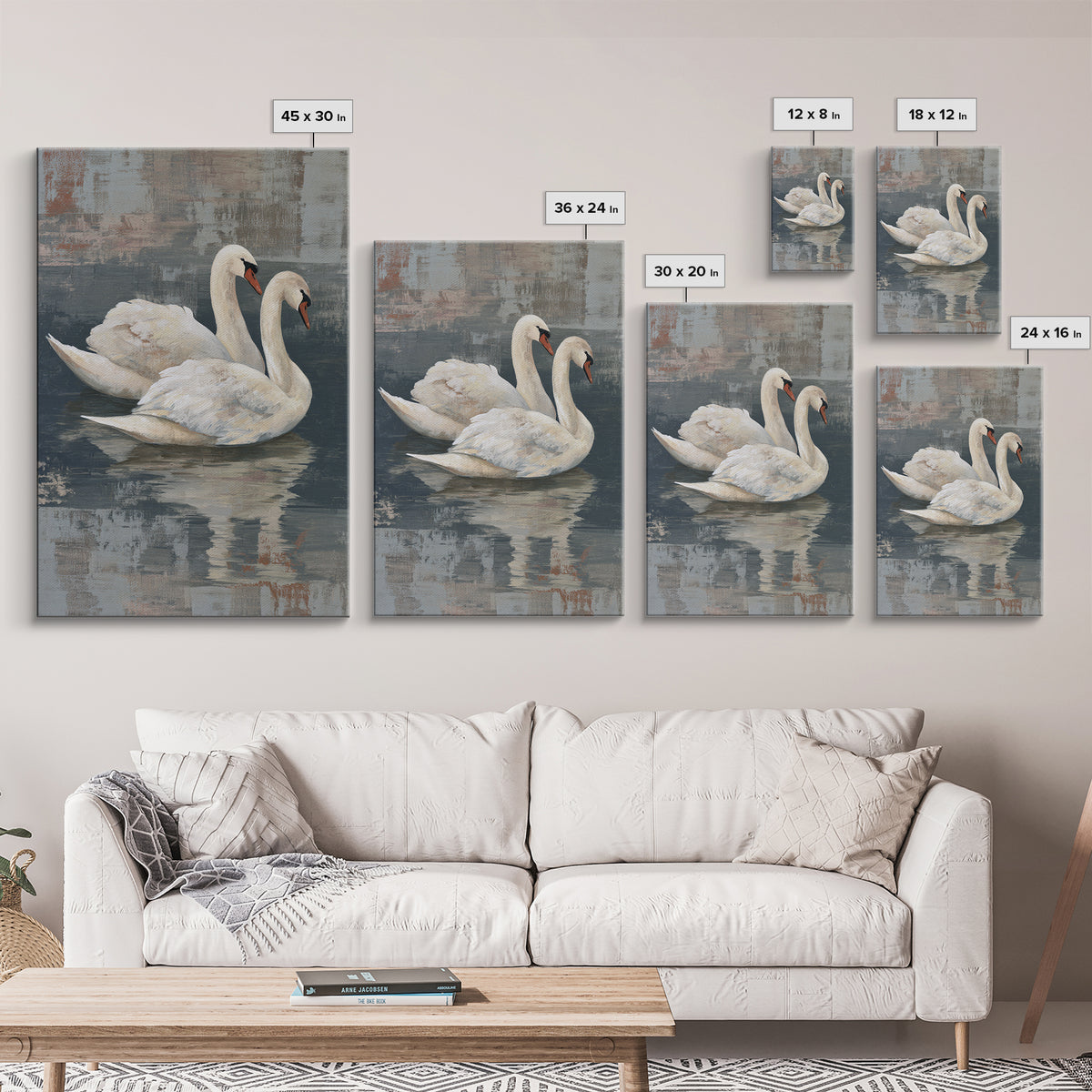 Romantic Swan Pair on Dark Water Framed Canvas Print, Master Bedroom, Canvas Print, Bedroom Decor, Abstract Art, Sanctuary, MAS-2x3-47