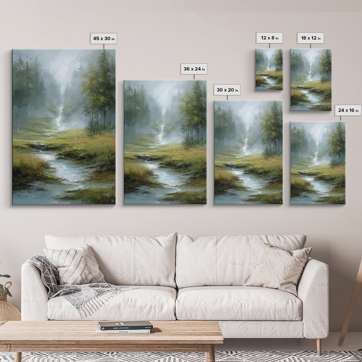 Peaceful Waterfall in Misty Green Forest Framed Canvas Print, Master Bedroom, Wedding Decor, Bedroom Decor, Fine Art, Sanctuary, MAS-2x3-51