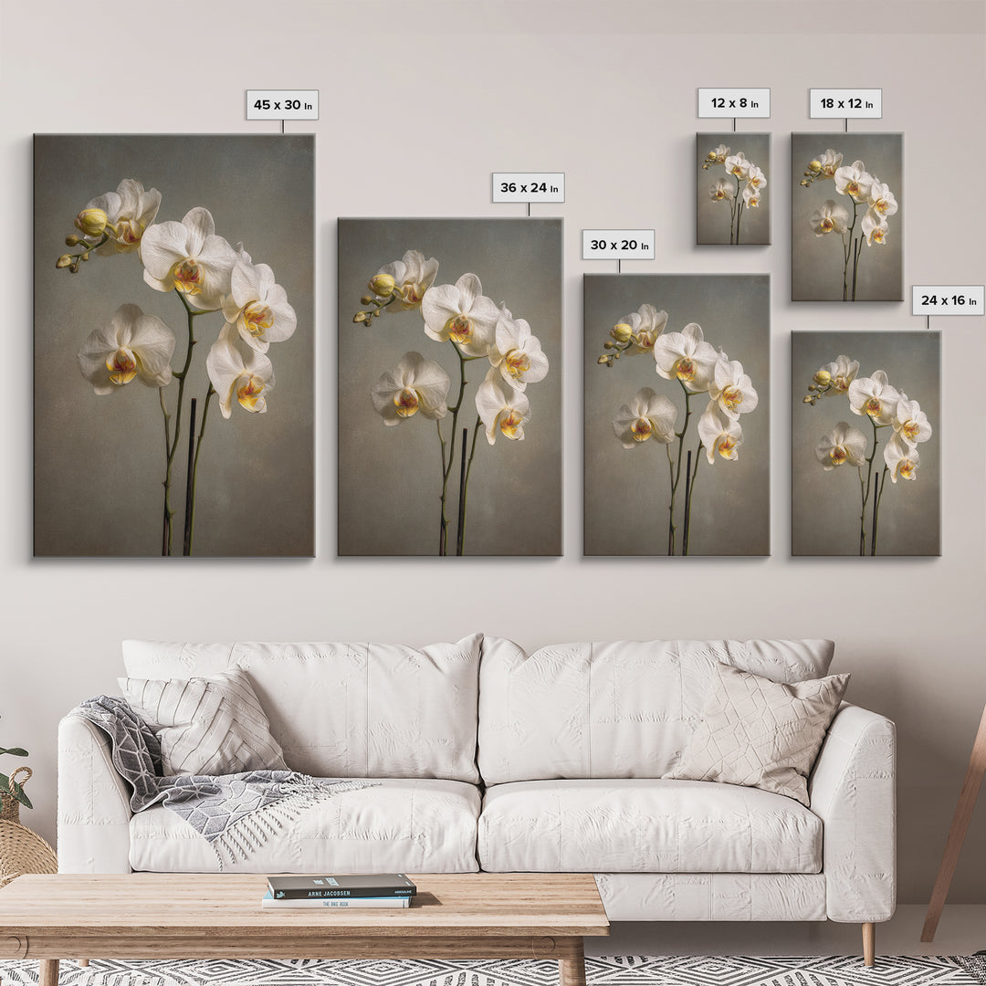 White Orchids Against Warm Gray Background Canvas Print, Master Bedroom, Farmhouse Wall Art, Bedroom Decor, Fine Art, Sanctuary, MAS-2x3-65