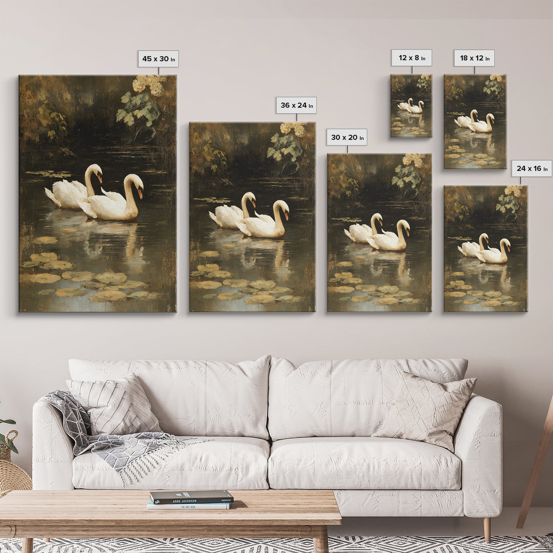 Romantic Swan Pair on Dark Water Canvas Print, Master Bedroom, Over Bed Wall Art, Bedroom Decor, Oil Painting, Sanctuary, MAS-2x3-95