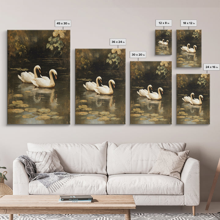 Romantic Swan Pair on Dark Water Canvas Print, Master Bedroom, Over Bed Wall Art, Bedroom Decor, Oil Painting, Sanctuary, MAS-2x3-95