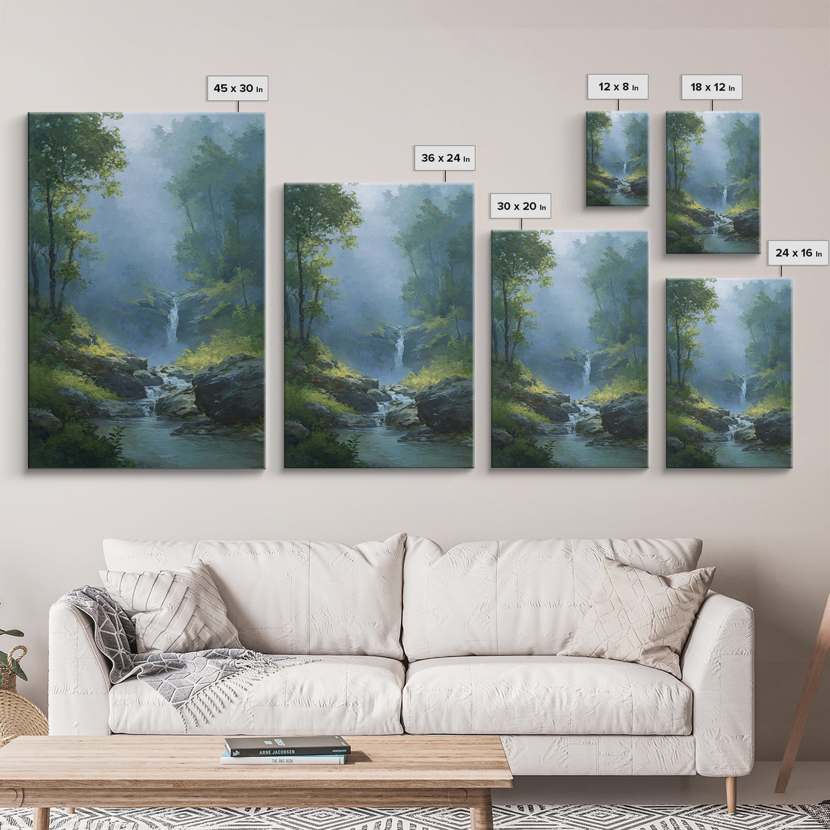 Peaceful Waterfall in Misty Green Forest Canvas Print, Master Bedroom, Above Bed Wall Art, Bedroom Decor, Fine Art, Sanctuary, MAS-2x3-99