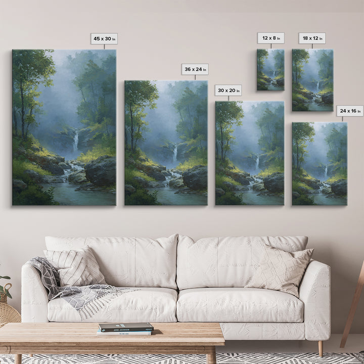 Peaceful Waterfall in Misty Green Forest Canvas Print, Master Bedroom, Above Bed Wall Art, Bedroom Decor, Fine Art, Sanctuary, MAS-2x3-99