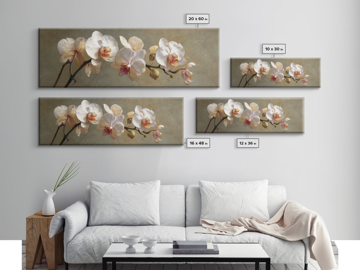 White Orchids Against Warm Gray Background Canvas Print, Master Bedroom, Set of 2 Prints, Bedroom Decor, Abstract Art, MAS-3x1-25