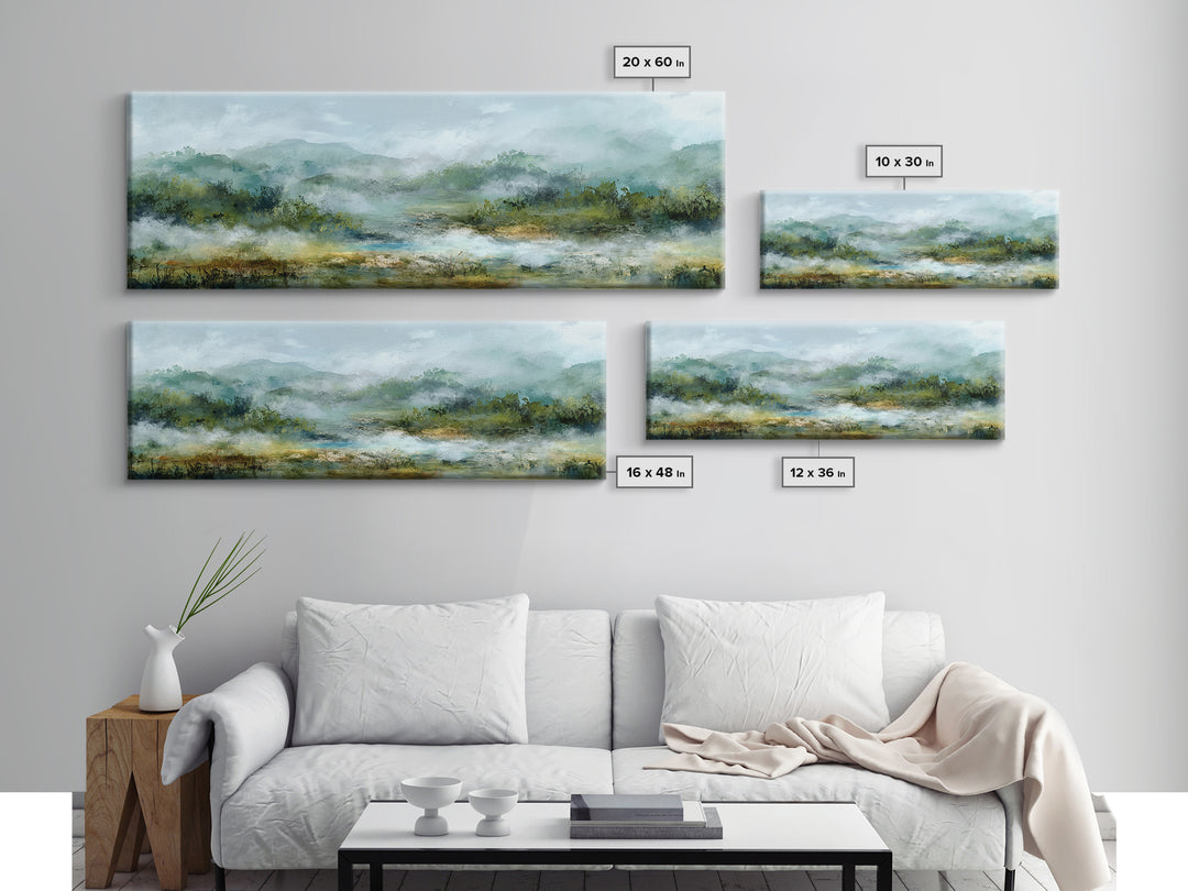 Peaceful Waterfall in Misty Green Forest Canvas Print, Master Bedroom, Minimalist Decor, Bedroom Decor, Oil Painting, Sanctuary, MAS-3x1-35