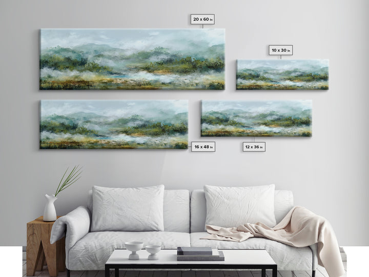 Peaceful Waterfall in Misty Green Forest Canvas Print, Master Bedroom, Minimalist Decor, Bedroom Decor, Oil Painting, Sanctuary, MAS-3x1-35