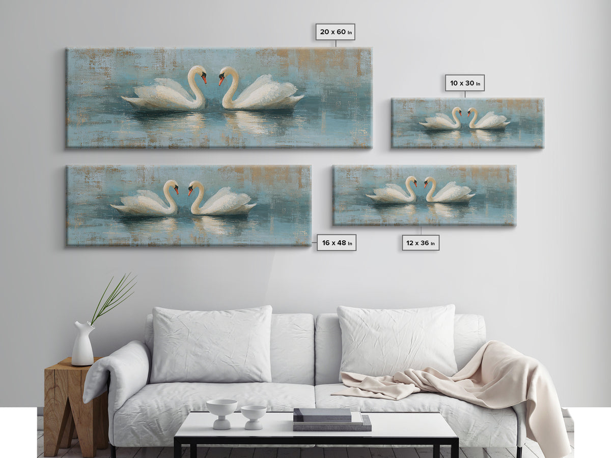 Romantic Swan Pair on Dark Water Framed Canvas Print, Master Bedroom, Art Print, Bedroom Decor, Sanctuary, Above Bed Decor, MAS-3x1-55