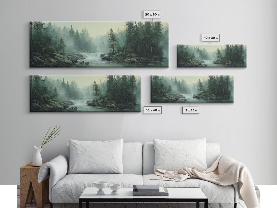Peaceful Waterfall in Misty Green Forest Framed Canvas Print, Master Bedroom, Printable Wall Art, Bedroom Decor, Sanctuary, MAS-3x1-59