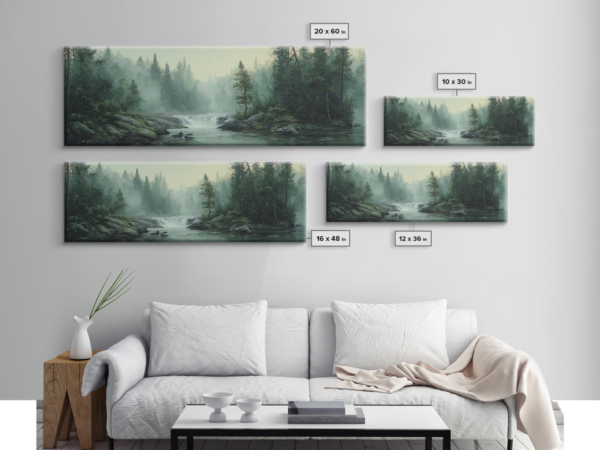 Peaceful Waterfall in Misty Green Forest Framed Canvas Print, Master Bedroom, Printable Wall Art, Bedroom Decor, Sanctuary, MAS-3x1-59