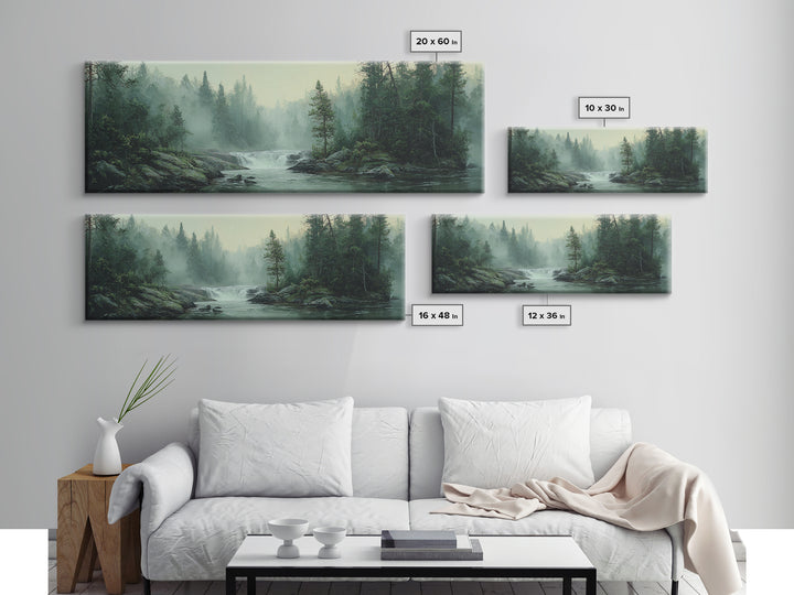 Peaceful Waterfall in Misty Green Forest Framed Canvas Print, Master Bedroom, Printable Wall Art, Bedroom Decor, Sanctuary, MAS-3x1-59