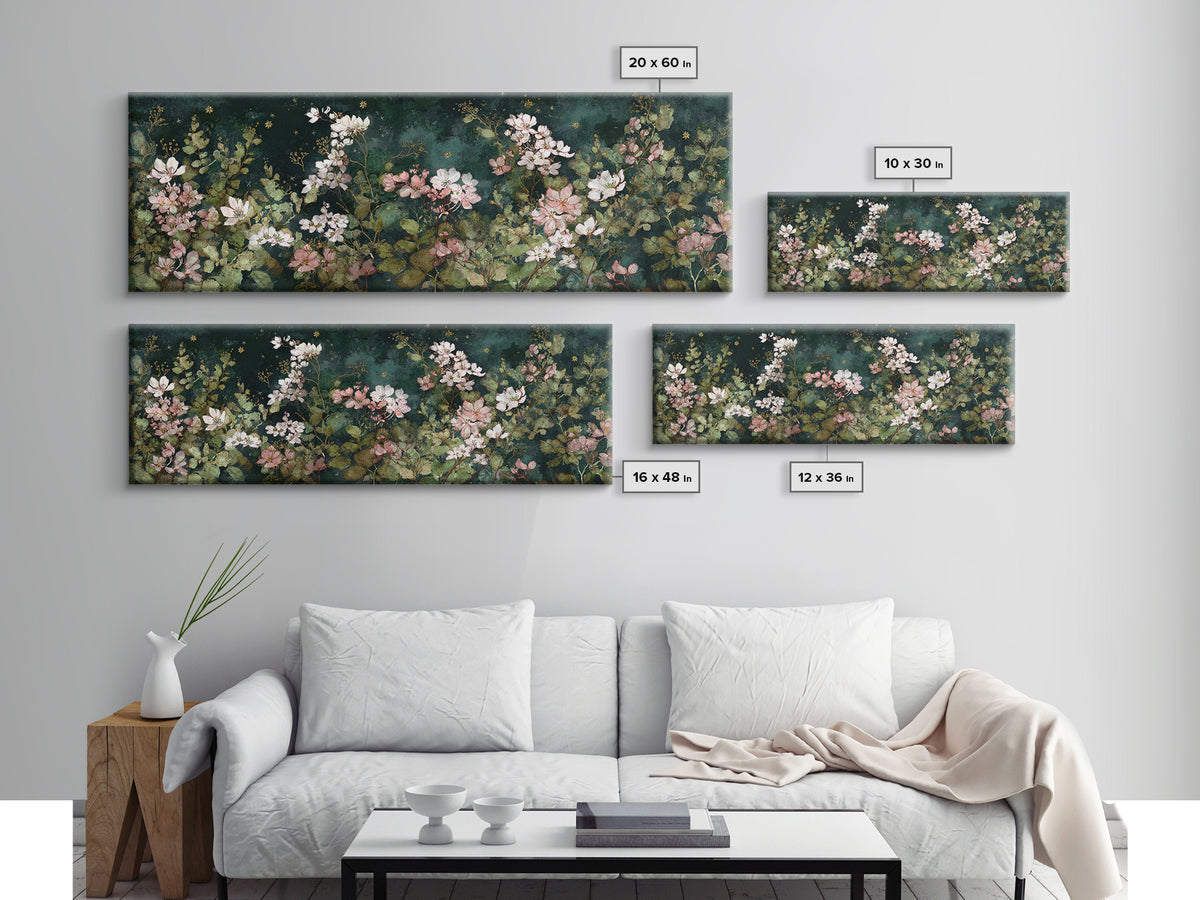 Night Garden with Pale Flowers and Stars Framed Canvas Print, Master Bedroom, Bedroom Decor, Watercolor Art, Sanctuary, MAS-3x1-63